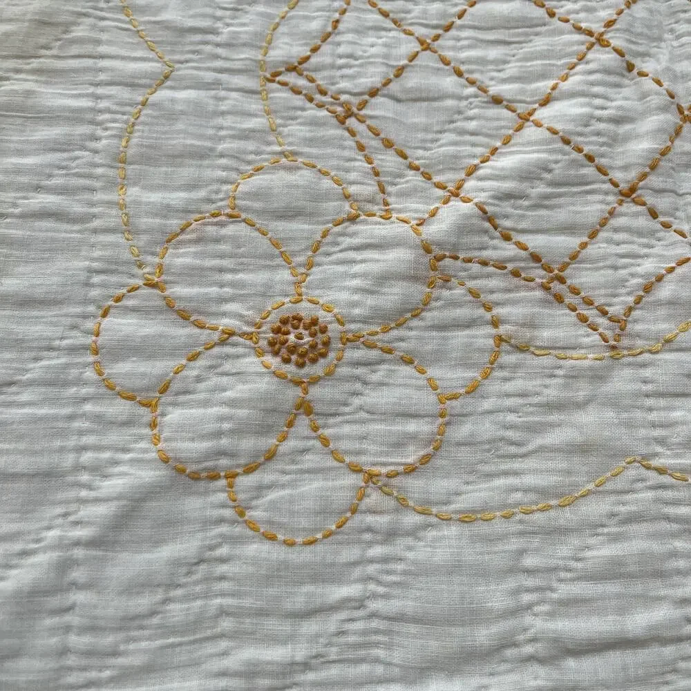 Handmade Hand Quilted Yellow Floral Embroidery Cotton Quilt Bedspread 75